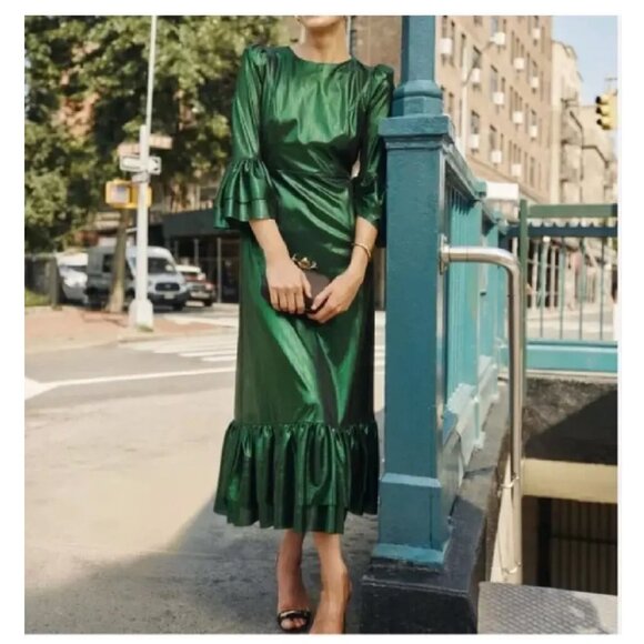 Tuckernuck Emerald Green Crinkle Lurex Lillith Dress Large Retail $188 - Picture 3 of 3